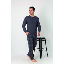 Estiva Erkek Kareli Alt Desenli Füme Uzun Kollu Patlı Penye Pijama Takımı