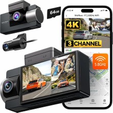 Wolfbox I17 4K 3 Kanallı Araç Içi Kamera, Ön, Iç ve Arka 4K + 1080P + 1080P, 5,8 Ghz Wifi