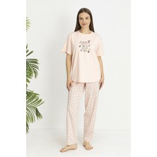 Estiva Kadın Kalp Alt Desenli Somon Penye Lycra Kısa Kollu Pijama Takımı