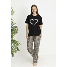 Estiva Kadın Kaplan Alt Desenli Siyah Penye Lycra Kısa Kollu Pijama Takımı