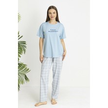 Estiva Kadın Kareli Alt Desenli Mavi Penye Lycra Kısa Kollu Pijama Takımı