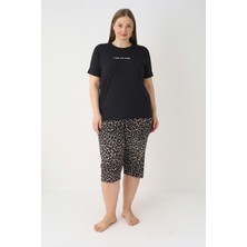 Estiva Kadın Kaplan Alt Desenli Siyah Kısa Kollu Kaprili Soft Battal Pijama Takımı