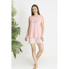 Estiva Kadın Çizgili Alt Desenli Kolsuz Şortlu Soft Pijama Takımı
