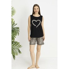 Estiva Kadın Kaplan Alt Desenli Siyah Kolsuz Şortlu Penye Lycra Pijama Takımı