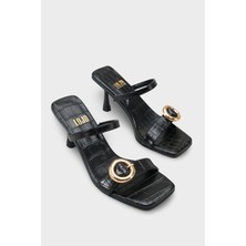 LOJO Kadın Altın Kemer Toka Detaylı Bantlı Günlük Topuklu Terlik Ligas Siyah Kroko