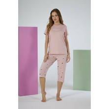 Estiva Kadın Kalp Alt Desenli Pembe Kısa Kollu Kaprili Soft Pijama Takımı