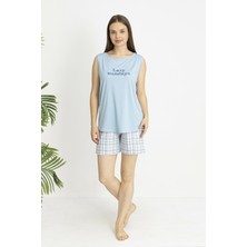 Estiva Kadın Kareli Alt Desenli Mavi Kolsuz Şortlu Penye Lycra Pijama Takımı