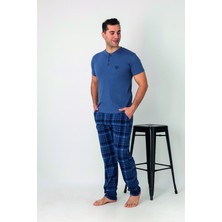 Estiva Erkek Kareli Alt Desenli Mavi Kısa Kollu Patlı Penye Pijama Takımı