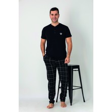 Estiva Erkek Kareli Alt Desenli Siyah Kısa Kollu Patlı Penye Pijama Takımı