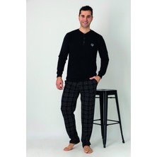 Estiva Erkek Kareli Alt Desenli Siyah Uzun Kollu Patlı Penye Pijama Takımı