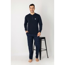 Estiva Erkek Kareli Alt Desenli Lacivert Uzun Kollu Patlı Penye Pijama Takımı