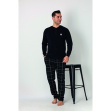 Estiva Erkek Kareli Alt Desenli Siyah Uzun Kollu Patlı Penye Pijama Takımı