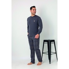 Estiva Erkek Kareli Alt Desenli Gri Uzun Kollu Patlı Penye Pijama Takımı