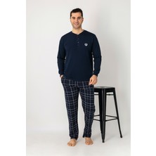 Estiva Erkek Kareli Alt Desenli Lacivert Uzun Kollu Patlı Penye Pijama Takımı
