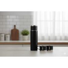 Termos Paslanmaz Termos Siyah Renk 3 Bardaklı Termos Seti