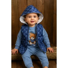 GMG Collection Baby Erkek Mavi Kapuşonlu Yelekli Üçlü Takım 9AY, 12AY, 18AY, 24AY