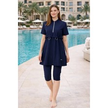 Tesmay Yarım Fermuarlı Üstü Sporcu Likra Paraşüt Kumaş Hızlı Kuruyan Yarı Kapalı Taytlı Kadın Mayo 3410