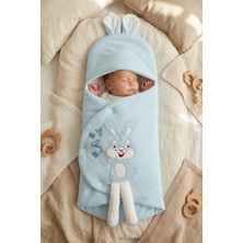 Dublino Kids Kız\erkek Bebek Battaniyesi Kundak Tavşan Nakışlı ve Kulaklı Yenidoğan Örtü