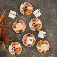 Karaca Face 6 Kişilik Desenli Kahve Fincan Takımı Porselen 80 ml 12 Parçalı Turuncu