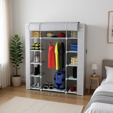 PorBig Güçlendirilmiş Plastik Profilli Çift Taraflı Raf, Gri Renk, 2 Kapılı Kumaş Kapak, PVC Malzeme