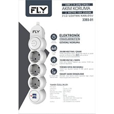 Data Store Fly Fly 3393 Termal Akım Korumalı, Çocuk Korumalı, 2 x Usb, 2mt Uzatma Kablosu 3'lü Priz, Beyaz