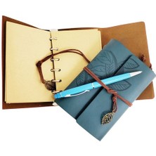 Ett Özel Ahşap Kutulu Mavi Deri Defter ve Kalem Set