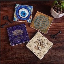 Data Store Nazar, Yaşam Çiçeği, Hayat Ağacı Taş Bardak Altlığı Seti - 4 Parça - Dekoratif, Rustik Mutfak Aksesuarı, 10X10 Cm, Kaydırmaz Tabanlı, Şık ve Dayanıklı SC466