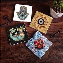 Data Store Nazar, Şahmeran, Nar, Fatma Ana Eli  Taş Bardak Altlığı Seti - 4 Parça - Dekoratif, Rustik Mutfak Aksesuarı, 10X10 Cm, Kaydırmaz Tabanlı, Şık ve Dayanıklı SC507