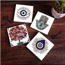 Data Store Nazar, Nar Ağacı, Fatma Ana Eli  Taş Bardak Altlığı Seti - 4 Parça - Dekoratif, Rustik Mutfak Aksesuarı, 10X10 Cm, Kaydırmaz Tabanlı, Şık ve Dayanıklı SC409