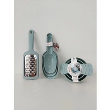 Mikasso 3lü Yeşil Mutfak Seti "3lü Erzak Küreği + Hazneli Rende + 3lü Süzgeçli Huni Seti Plastik