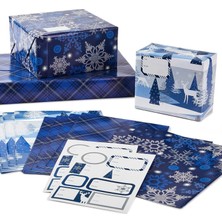 Data Store Düz Sarma Kağıt Çarşaflar Tersinde Kesik Çizgiler ve Hediye Etiketi Mühürleri (12 Katlı Sayfa, 16 Çıkartma) Mavi ve Gümüş Kar Taneleri, Geyik Ormanı Sahnesi, Mavi Ekose Ekose