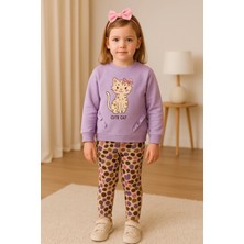 GMG Collection Baby Süslü Kedi Baskılı Kız Bebek Fitilli Taytlı Takım 6AY, 9AY, 18AY, 12AY