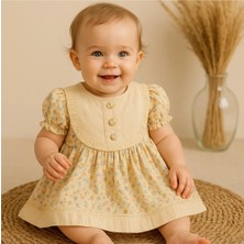 GMG Collection Baby Müslin Kumaş, Düğme - Güpür Detaylı Elbise Krem