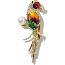 Cesicey Papağan Broş(5 cm) Zirkon Taşlı İnci Detaylı Gold Renk