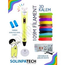 Solinpatech 3D Pen SARI Üç Boyutlu Yazıcı Kalem Printer (Çok Renkli Filament -109METRE- ve USB Kablo Dahil) 