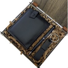 Ett Dekoratif Ahşap Kutulu Erkeğe 3'lü Set Cüzdan Anahtar Kalem Hediye Seti