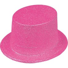 Ett Floresan Pembe Renk Simli Uzun Fötr Melon Şapka 12 cm