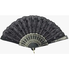 Ett Siyah Plastik Pullu Kumaş Yelpaze 12'li