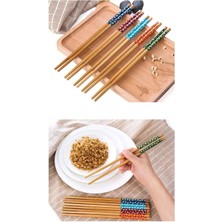 Mikasso 5 Çift Bambu Chopstick Desenli Yıkanabilir Kore Çin Yemek Çubuğu El Yapımı Doğal Ahşap Sushi Çubuk B