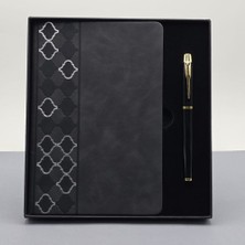 Ett Desenli Siyah Deri Defter Kalem Set