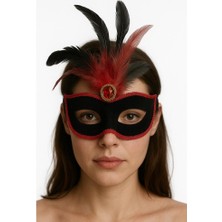 Ett Kırmızı Dantelli Siyah Kırmızı Tüylü Siyah Süet Kaplama Parti Maskesi 17X25 cm