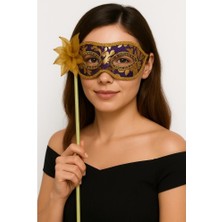 Ett Lüks Taşlı Saplı Maskeli Balo Maskesi Mor Renk 35 cm