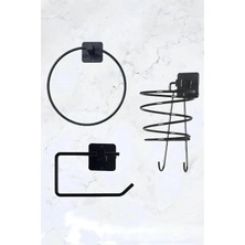 Mikasso Yapışkanlı 3 Lü Siyah Fön Makinesi Askısı Wc Tuvalet Kağıtlık Yuvarlak Havluluk Pratik Banyo Seti Si