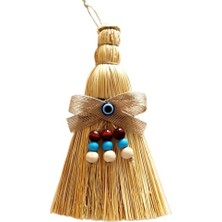 Ett Otantik Ahşap Boncuklu Nazarlıklı Otantik Mini Süpürge Duvar Süsü