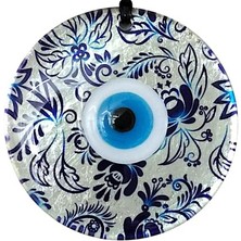 Ett Nazar Boncuklu Yaprak Desenli Gümüş Rengi Füzyon Cam El Yapımı 12 cm Duvar Süsü Nazarlık Hediyelik Eşya