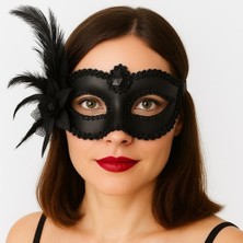 Ett Siyah Mat Renk Yandan Tüylü Güllü Parti Balo Venedik Maskesi 16X22