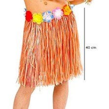 Ett Yetişkin ve Çocuk Uyumlu Turuncu Renk Püsküllü Hawaii Luau Hula Etek 40 cm