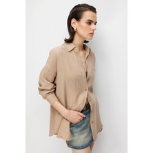 3833 Kadın Oversize Cepli Müslin Gömlek Vizon
