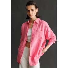 3833 Kadın Oversize Cepli Müslin Gömlek Pembe