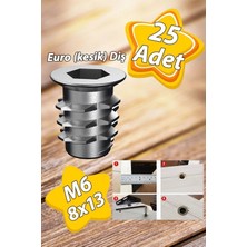 Mikasso Metal Euro Dişli Dübel Ahşap Dübeli M6 8X13 Diş Çinko Mobilya Bağlantı Ünite Birleştirme (25 Adet) B